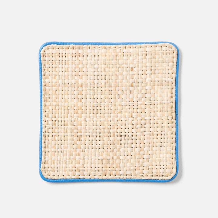 Kenneth Natural/Bright Blue Set Of 6 Coasters W/ Strap Raffia/Rayon/Leather