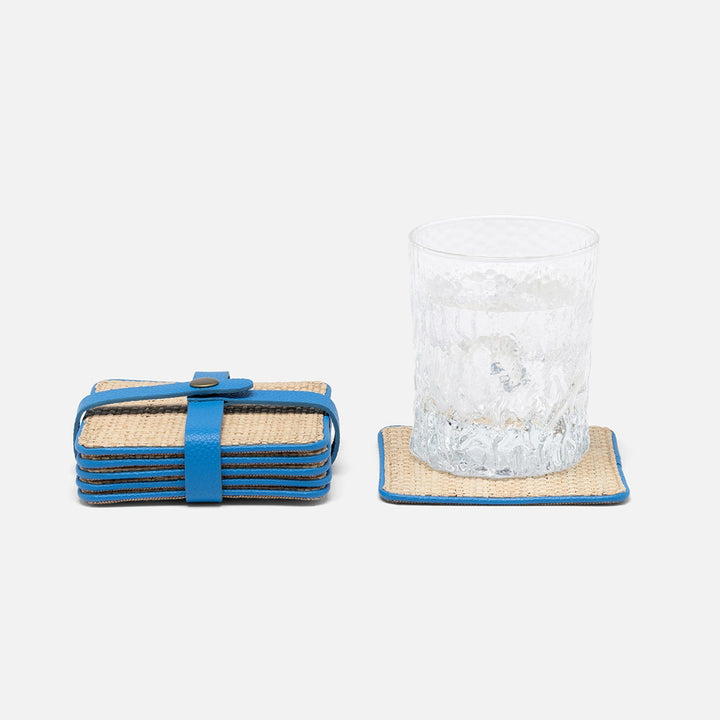 Kenneth Natural/Bright Blue Set Of 6 Coasters W/ Strap Raffia/Rayon/Leather