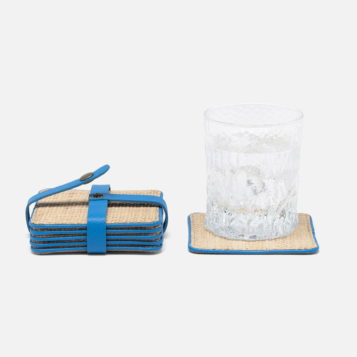Kenneth Natural/Bright Blue Set Of 6 Coasters W/ Strap Raffia/Rayon/Leather