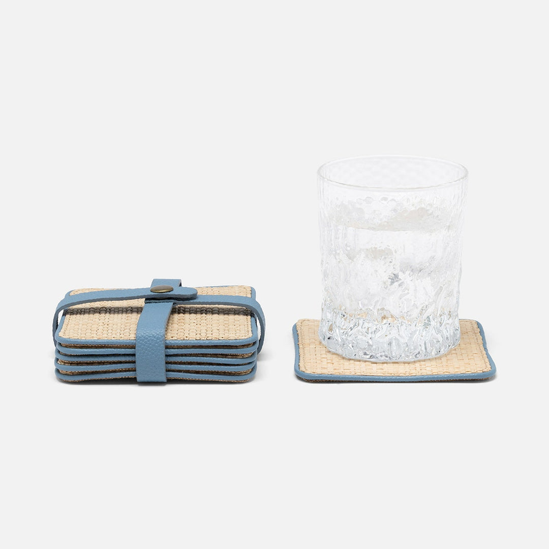 Kenneth Natural/Country Blue Set Of 6 Coasters W/ Strap Raffia/Rayon/Leather