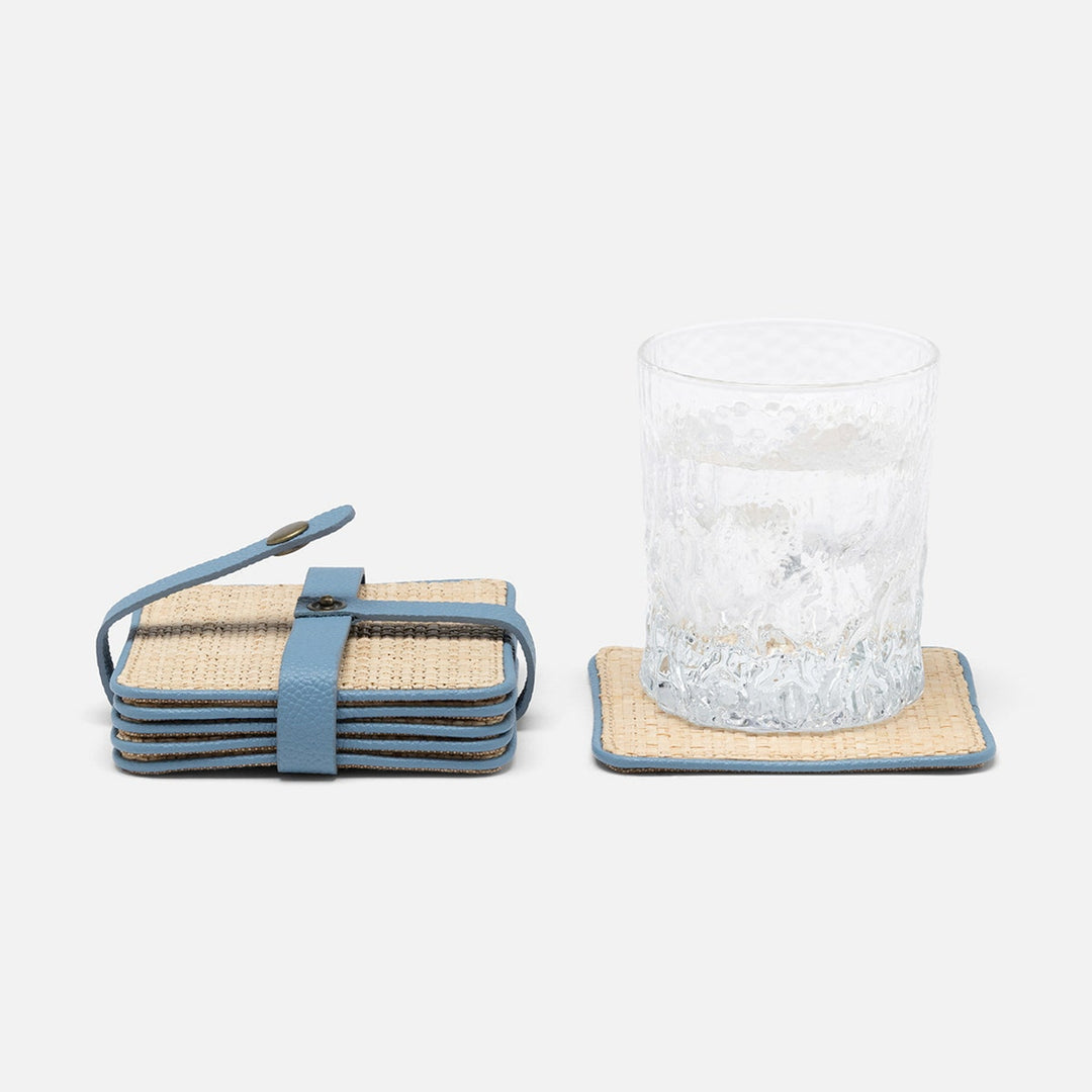 Kenneth Natural/Country Blue Set Of 6 Coasters W/ Strap Raffia/Rayon/Leather
