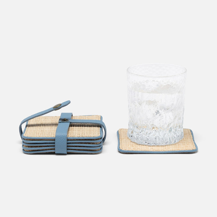 Kenneth Natural/Country Blue Set Of 6 Coasters W/ Strap Raffia/Rayon/Leather