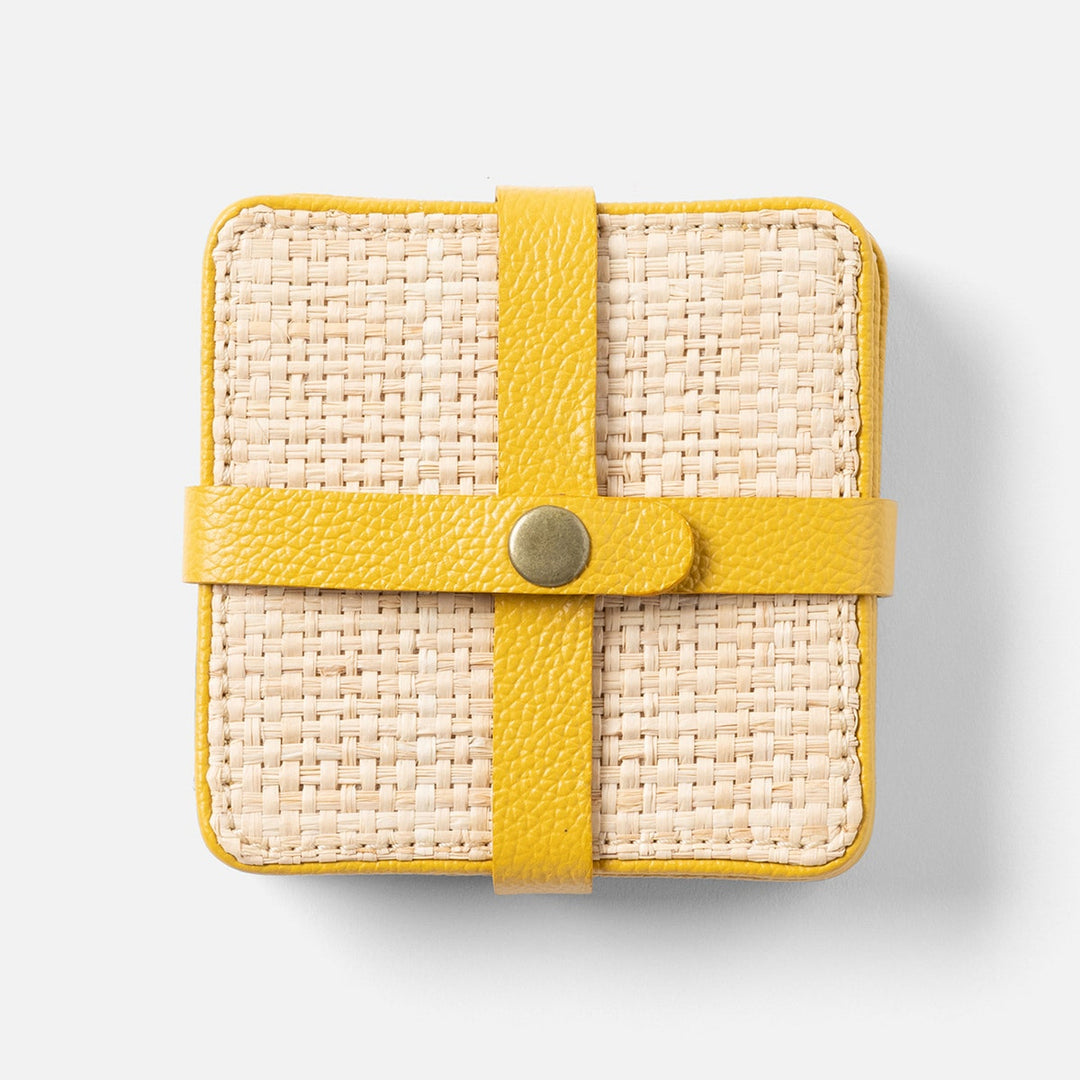 Kenneth Natural/Dandelion Set Of 6 Coasters W/ Strap Raffia/Rayon/Leather