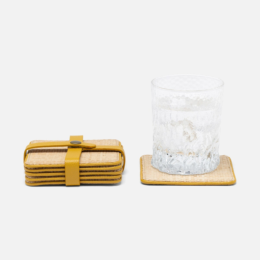 Kenneth Natural/Dandelion Set Of 6 Coasters W/ Strap Raffia/Rayon/Leather