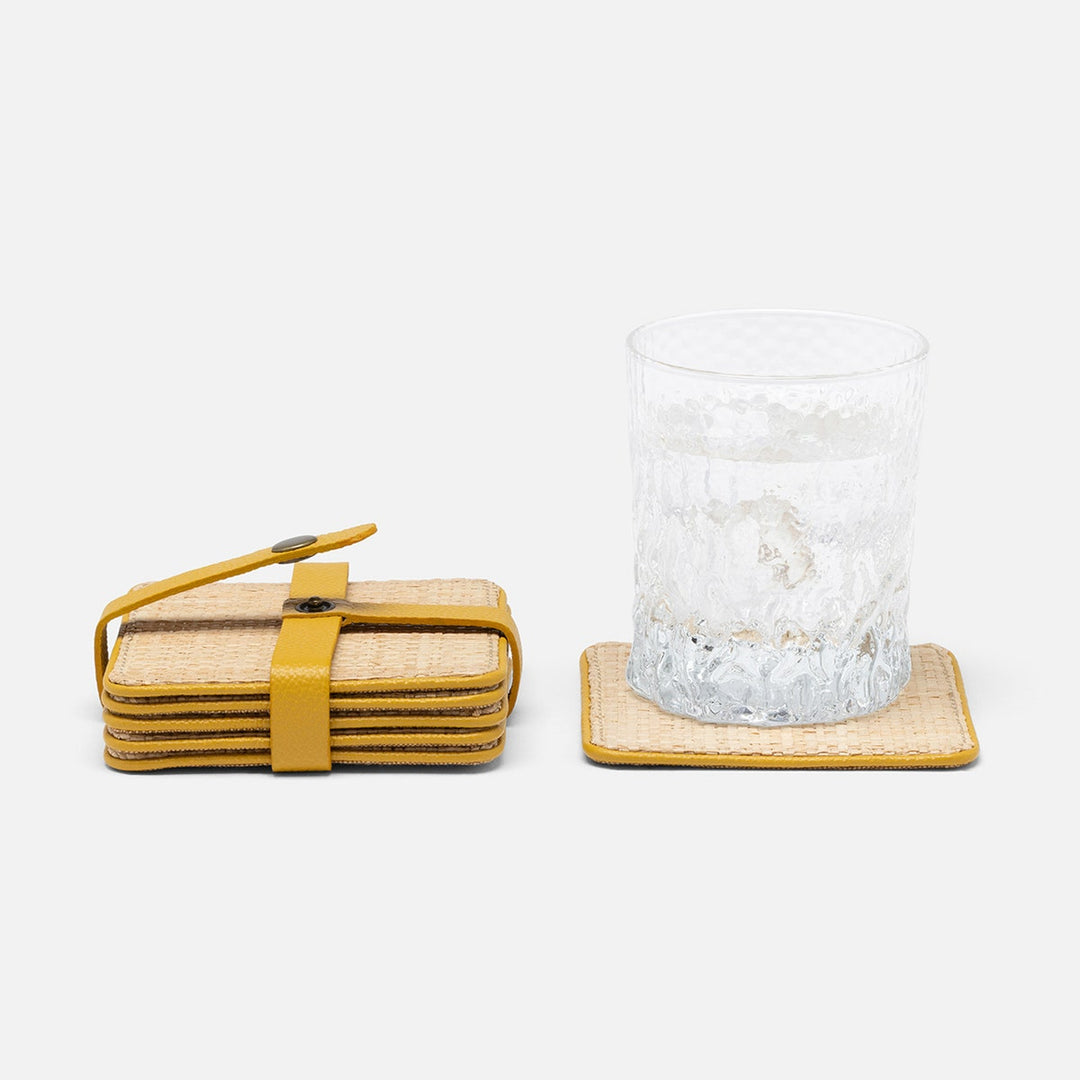 Kenneth Natural/Dandelion Set Of 6 Coasters W/ Strap Raffia/Rayon/Leather
