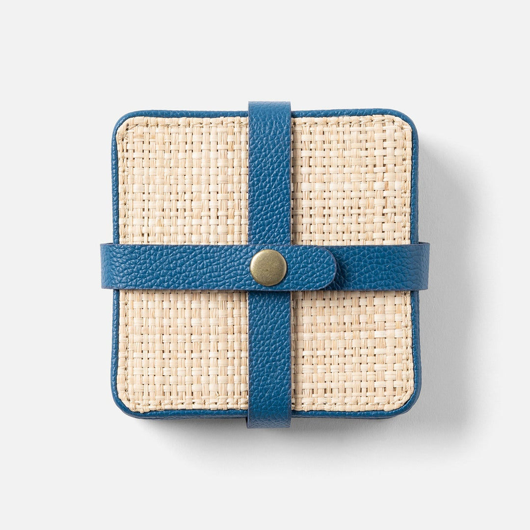 Kenneth Natural/Peacock Blue Set Of 6 Coasters W/ Strap Raffia/Rayon/Leather