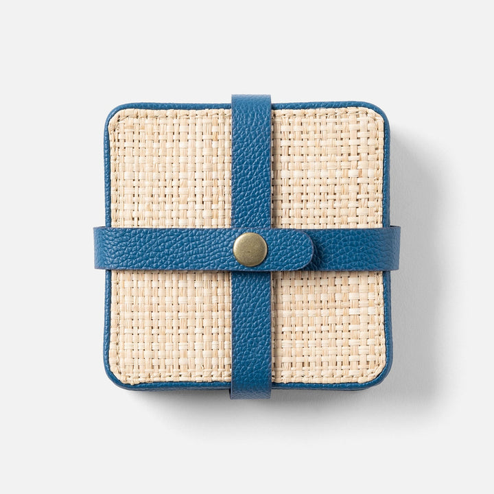 Kenneth Natural/Peacock Blue Set Of 6 Coasters W/ Strap Raffia/Rayon/Leather