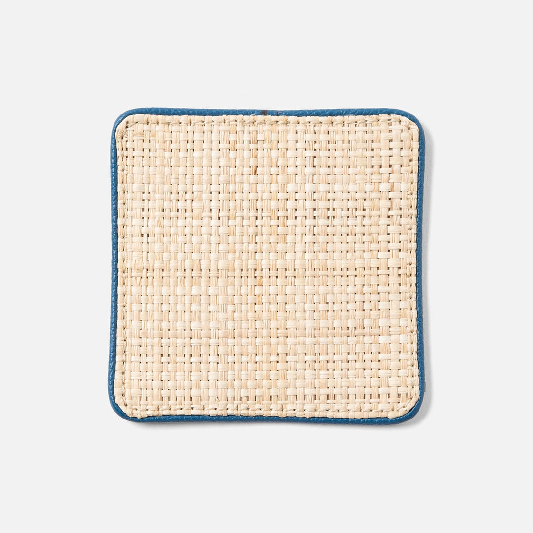 Kenneth Natural/Peacock Blue Set Of 6 Coasters W/ Strap Raffia/Rayon/Leather