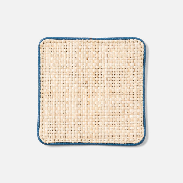 Kenneth Natural/Peacock Blue Set Of 6 Coasters W/ Strap Raffia/Rayon/Leather