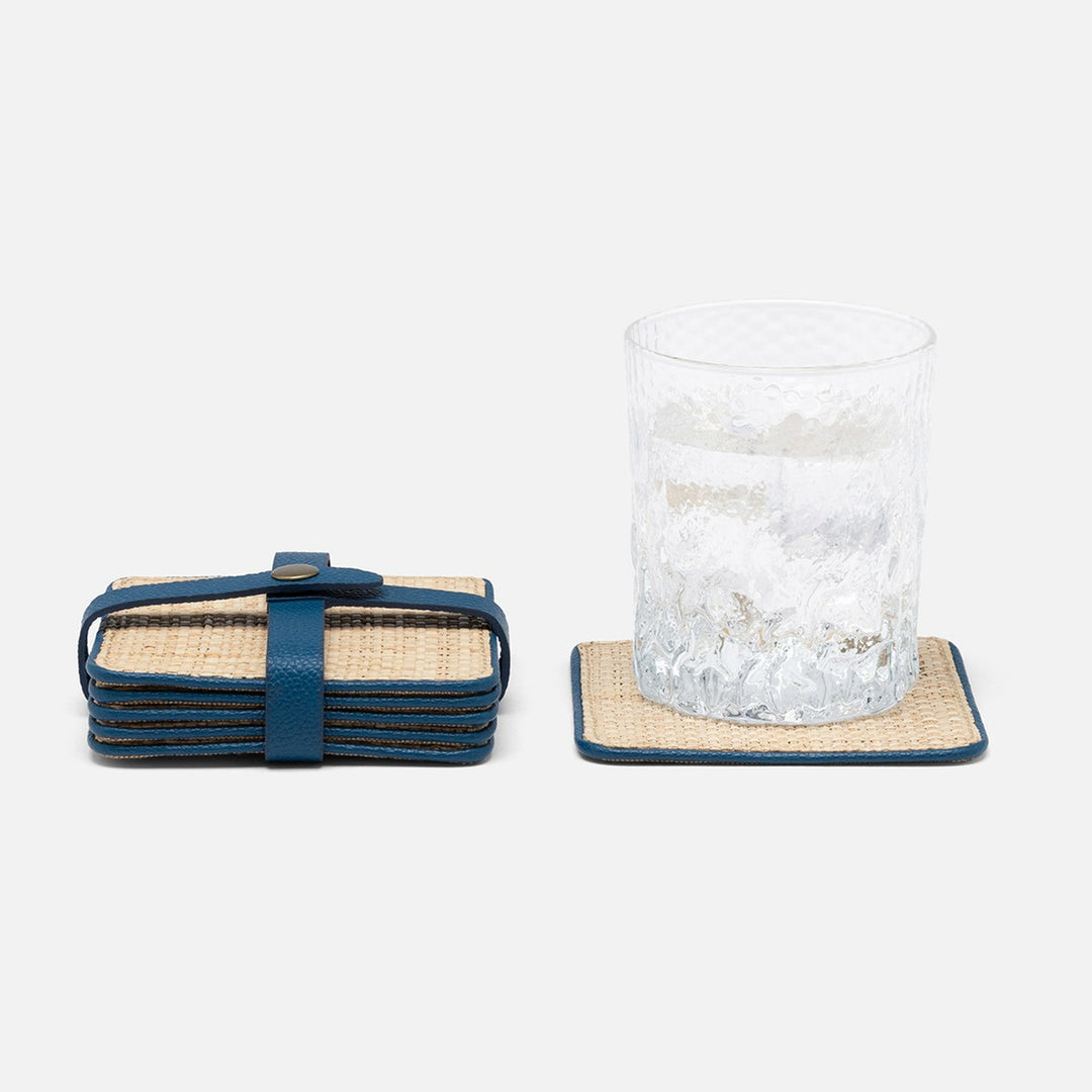 Kenneth Natural/Peacock Blue Set Of 6 Coasters W/ Strap Raffia/Rayon/Leather
