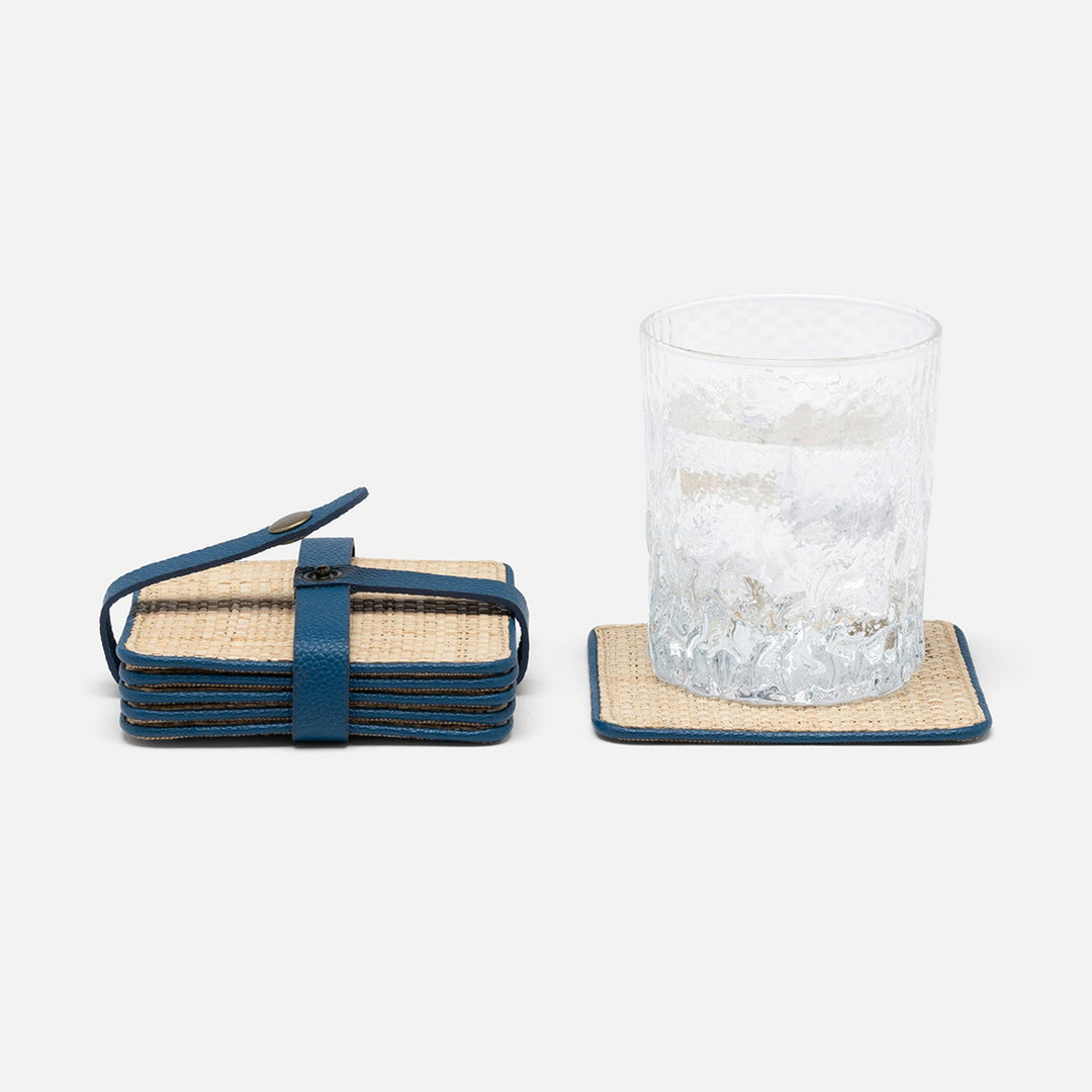 Kenneth Natural/Peacock Blue Set Of 6 Coasters W/ Strap Raffia/Rayon/Leather