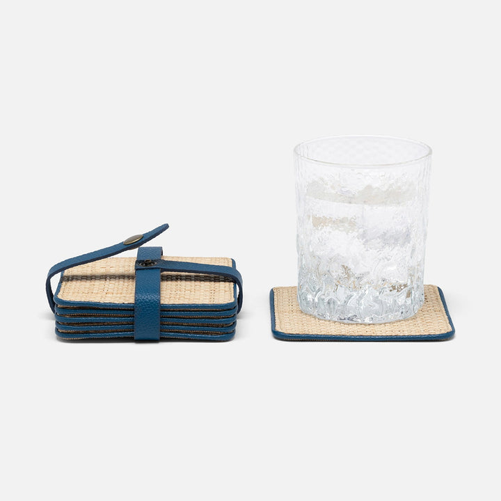 Kenneth Natural/Peacock Blue Set Of 6 Coasters W/ Strap Raffia/Rayon/Leather