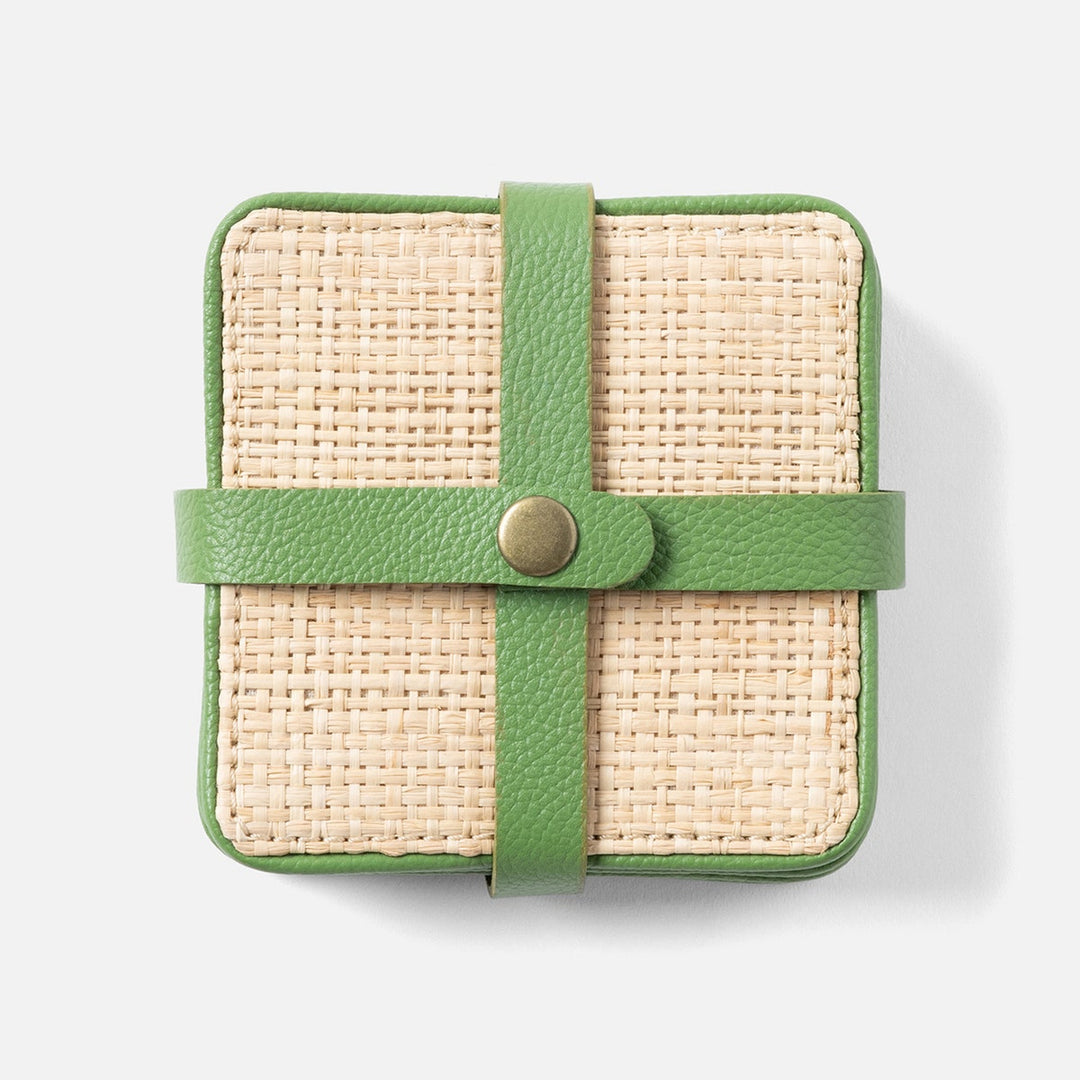 Kenneth Natural/Spring Green Set Of 6 Coasters W/ Strap Raffia/Rayon/Leather