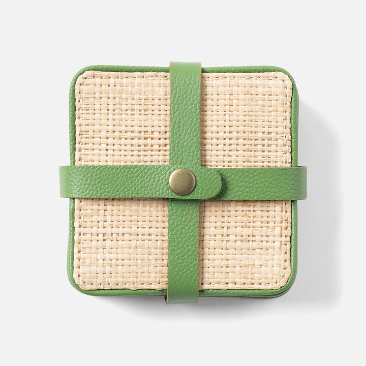 Kenneth Natural/Spring Green Set Of 6 Coasters W/ Strap Raffia/Rayon/Leather