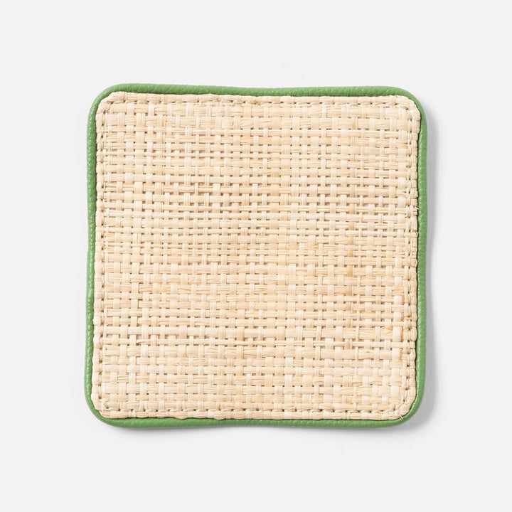 Kenneth Natural/Spring Green Set Of 6 Coasters W/ Strap Raffia/Rayon/Leather
