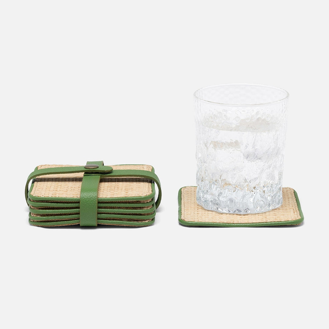 Kenneth Natural/Spring Green Set Of 6 Coasters W/ Strap Raffia/Rayon/Leather