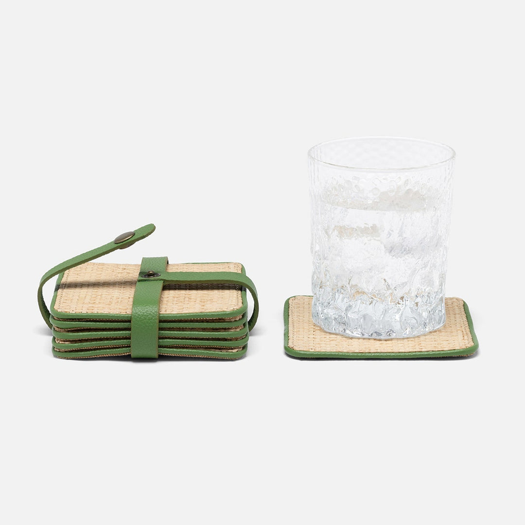 Kenneth Natural/Spring Green Set Of 6 Coasters W/ Strap Raffia/Rayon/Leather