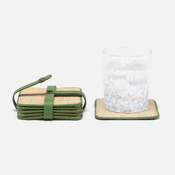 Kenneth Natural/Spring Green Set Of 6 Coasters W/ Strap Raffia/Rayon/Leather