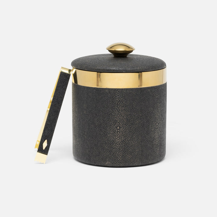 Langston Dark Mushroom/Gold Round Ice Bucket W/ Tongs Realistic Faux Shagreen/Brass