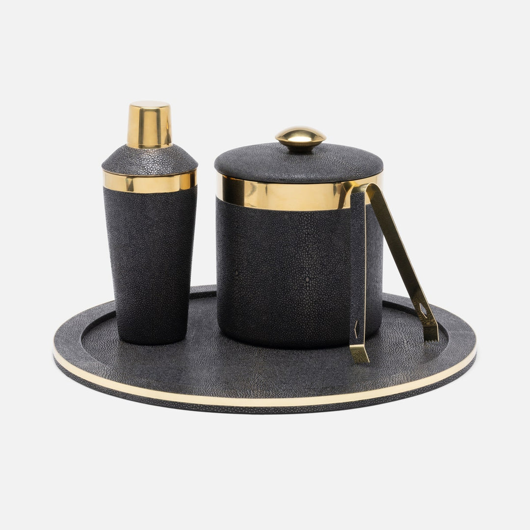 Langston Dark Mushroom/Gold Round Ice Bucket W/ Tongs Realistic Faux Shagreen/Brass