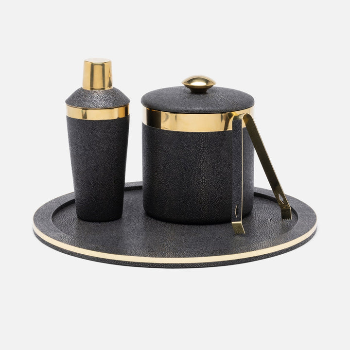 Langston Dark Mushroom/Gold Round Tray Realistic Faux Shagreen/Brass