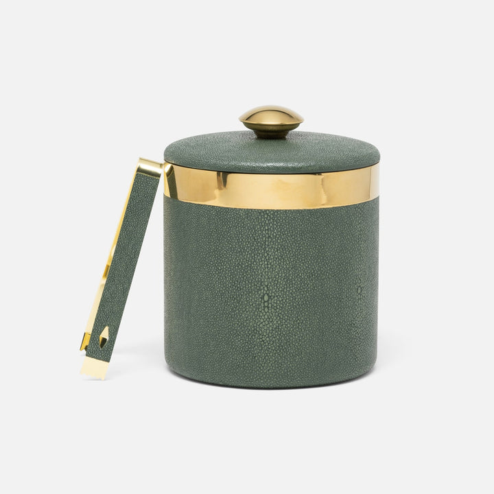 Langston Juniper/Gold Round Ice Bucket W/ Tongs Realistic Faux Shagreen/Brass
