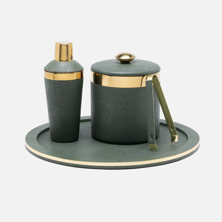 Langston Juniper/Gold Round Ice Bucket W/ Tongs Realistic Faux Shagreen/Brass