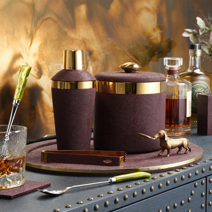 Langston Oxblood/Gold Cocktail Shaker Realistic Faux Shagreen/Brass