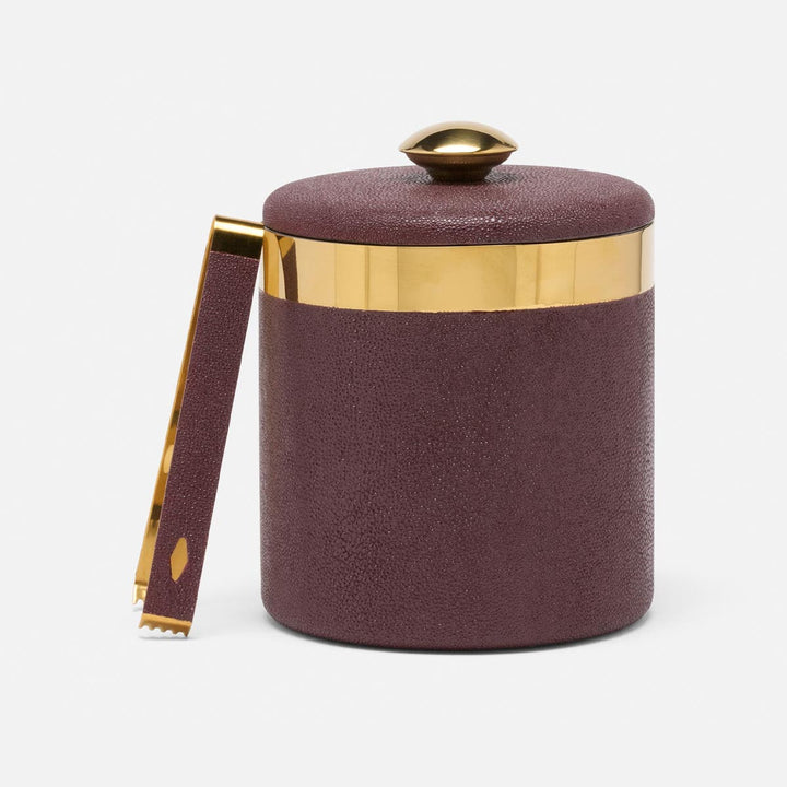 Langston Oxblood/Gold Round Ice Bucket W/ Tongs Realistic Faux Shagreen/Brass