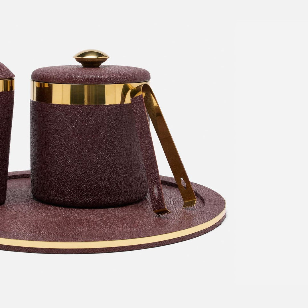 Langston Oxblood/Gold Round Ice Bucket W/ Tongs Realistic Faux Shagreen/Brass