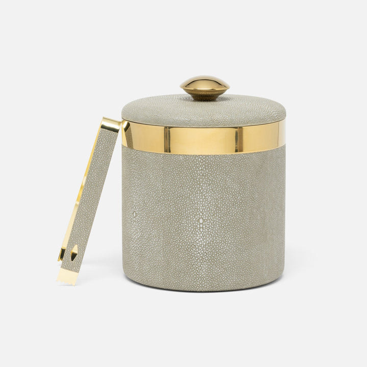 Langston Sand/Gold Round Ice Bucket W/ Tongs Realistic Faux Shagreen/Brass