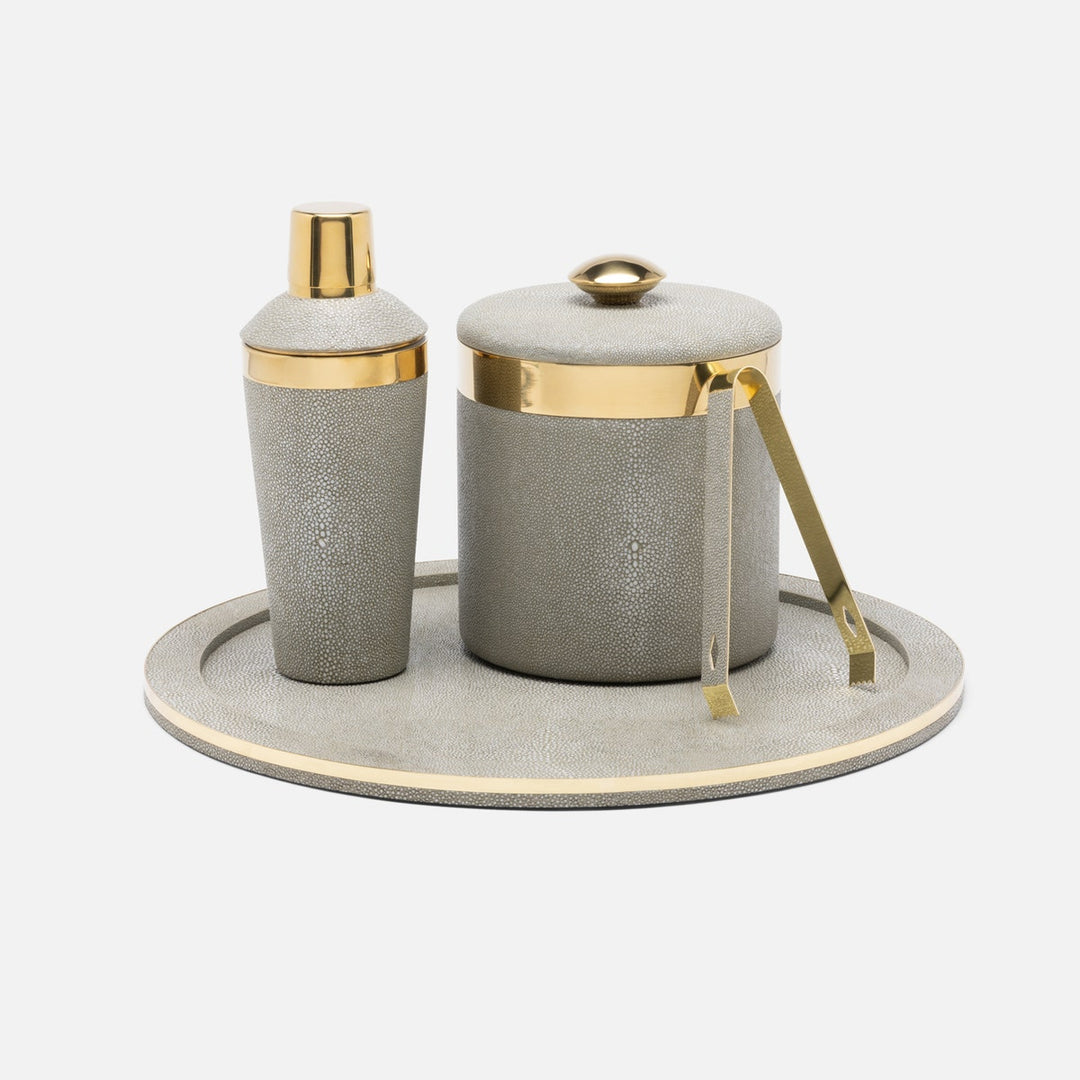 Langston Sand/Gold Round Ice Bucket W/ Tongs Realistic Faux Shagreen/Brass