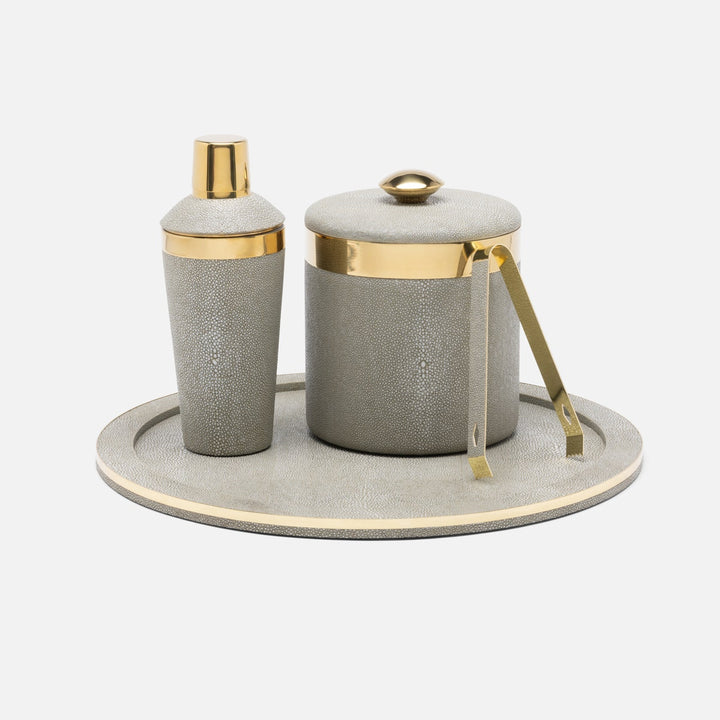 Langston Sand/Gold Round Ice Bucket W/ Tongs Realistic Faux Shagreen/Brass