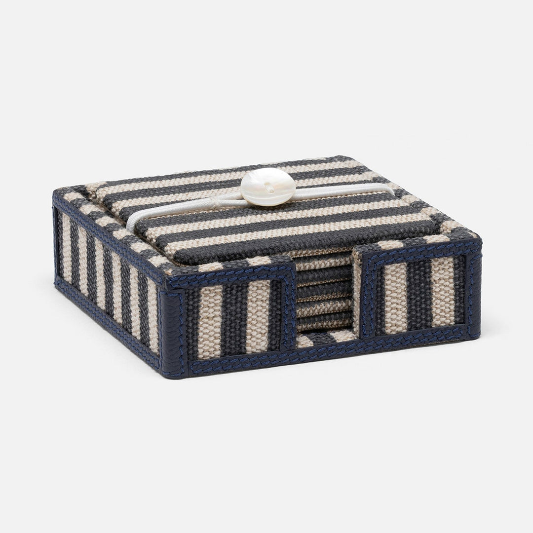 Martello Navy/Natural Striped Coaster Set Of 6 Cotton Jute/Leather