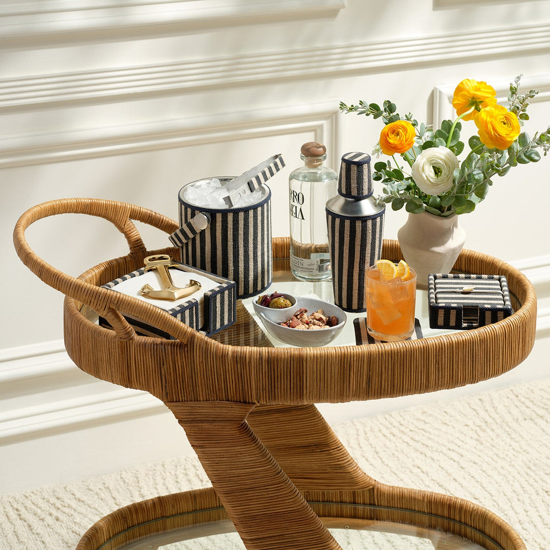 Martello Navy/Natural Striped Coaster Set Of 6 Cotton Jute/Leather