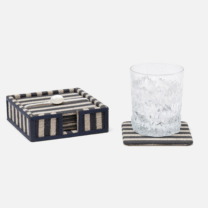 Martello Navy/Natural Striped Coaster Set Of 6 Cotton Jute/Leather