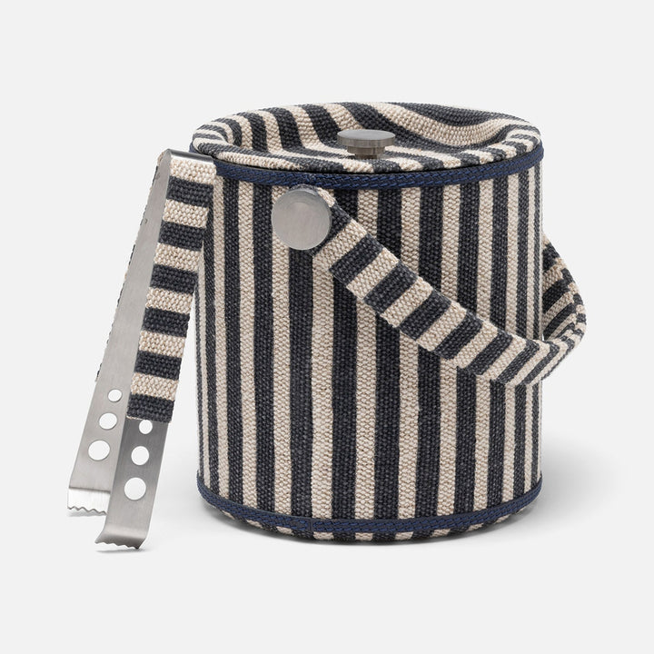 Martello Navy/Natural Striped Silver Ice Bucket W/ Tongs Round Cotton Jute/Leather