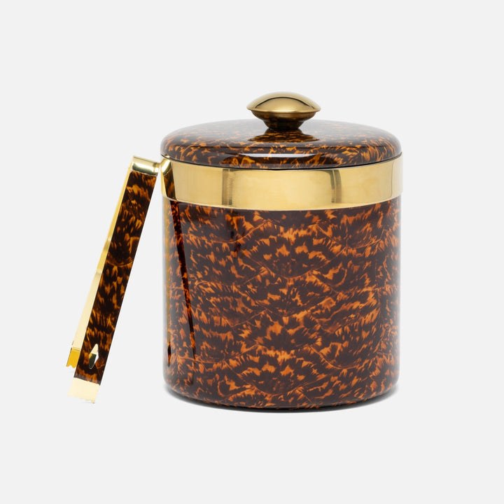 Maximilian High Gloss/Gold Round Ice Bucket W/ Tongs Faux Tortoise/Brass