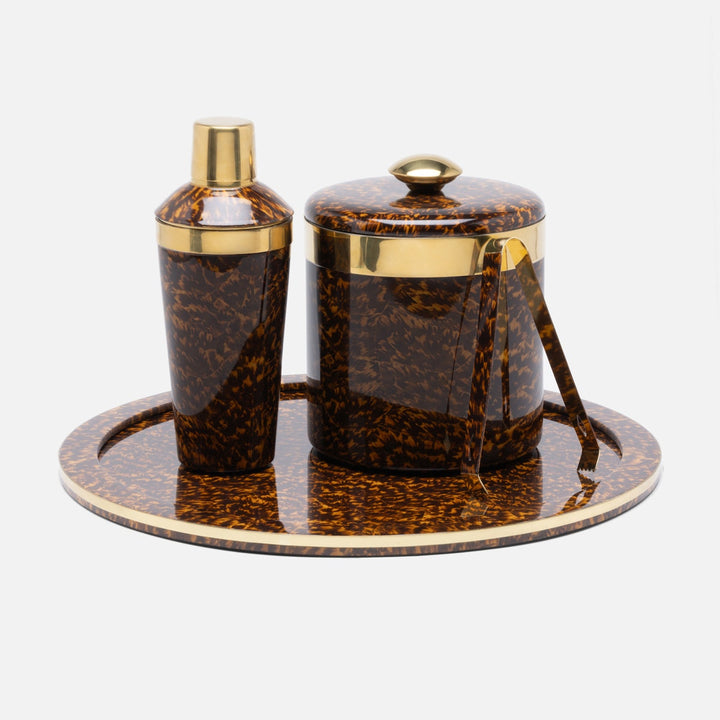 Maximilian High Gloss/Gold Round Ice Bucket W/ Tongs Faux Tortoise/Brass