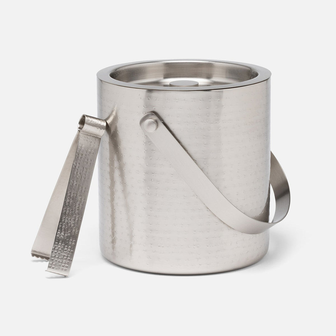 Winsford Matte Pewter Ice Bucket W/ Tongs Round Hammered Stainless Steel/Brass