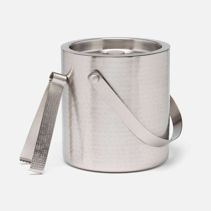 Winsford Matte Pewter Ice Bucket W/ Tongs Round Hammered Stainless Steel/Brass