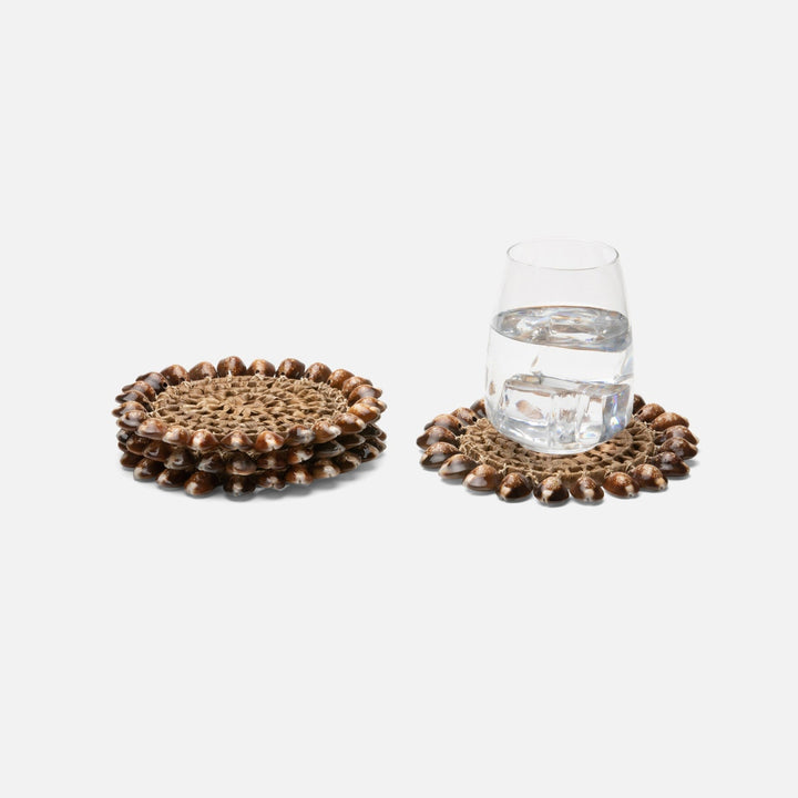 Bondi Natural Cowrie Shell/Brown Pandan Leaf Round Coasters Set Of 4