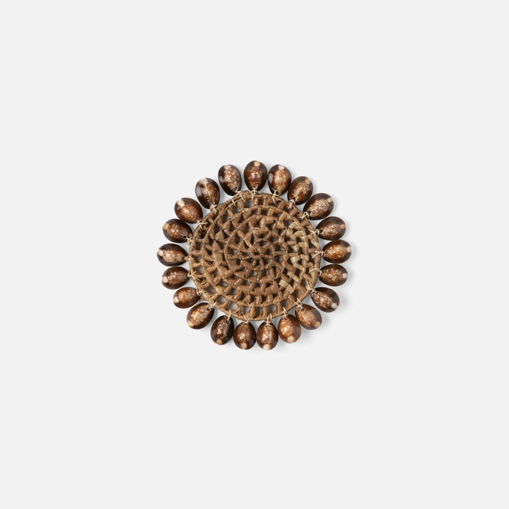 Bondi Natural Cowrie Shell/Brown Pandan Leaf Round Coasters Set Of 4