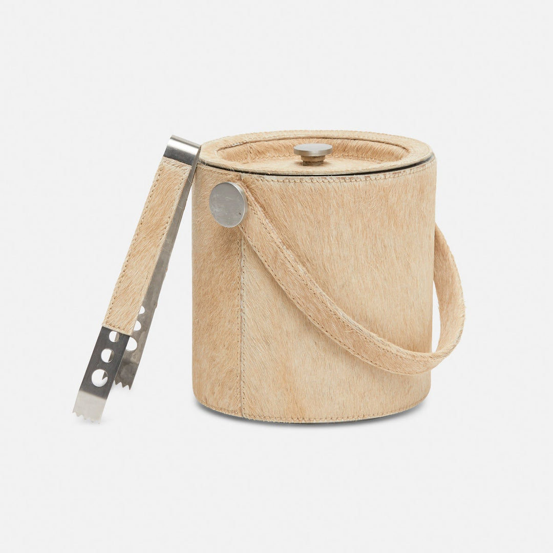 Browmley Beige Ice Bucket W/ Tongs Round Hair-On-Hide