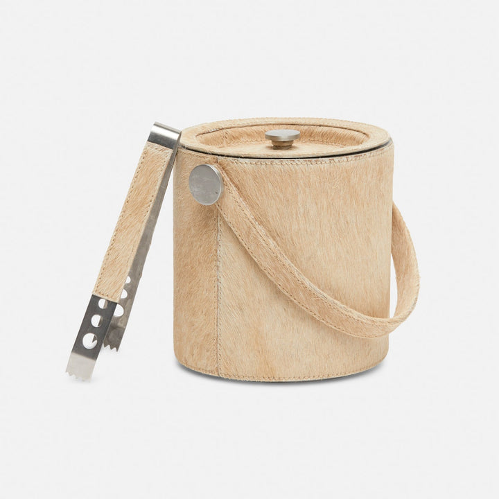 Browmley Beige Ice Bucket W/ Tongs Round Hair-On-Hide