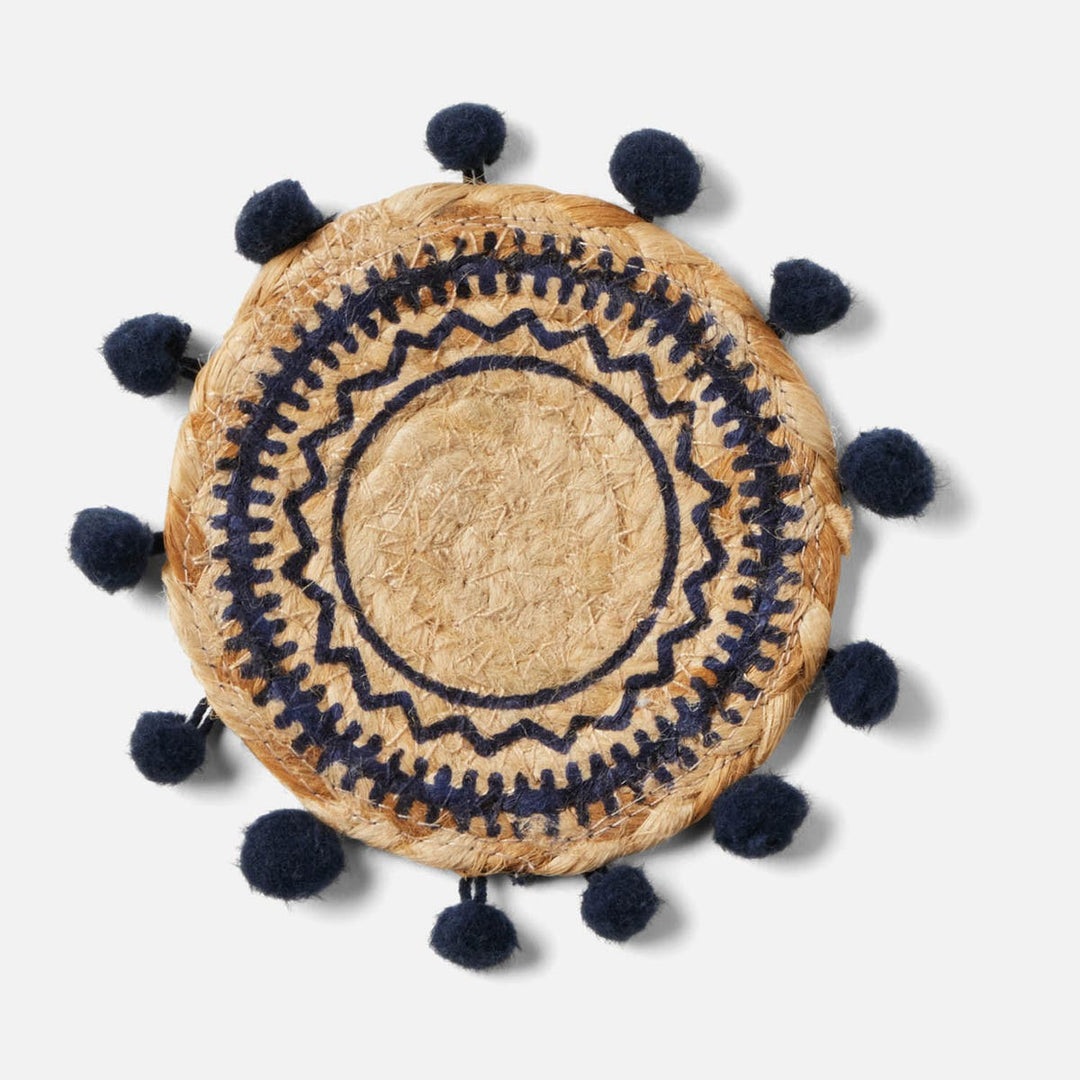 Giada Natural/Navy Pom Pom Set Of 4 Coasters Jute
