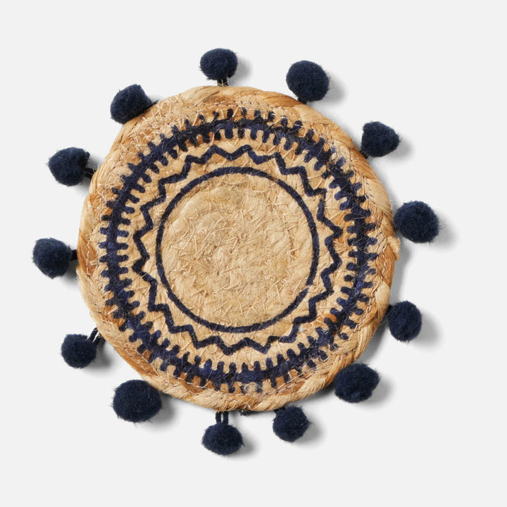Giada Natural/Navy Pom Pom Set Of 4 Coasters Jute