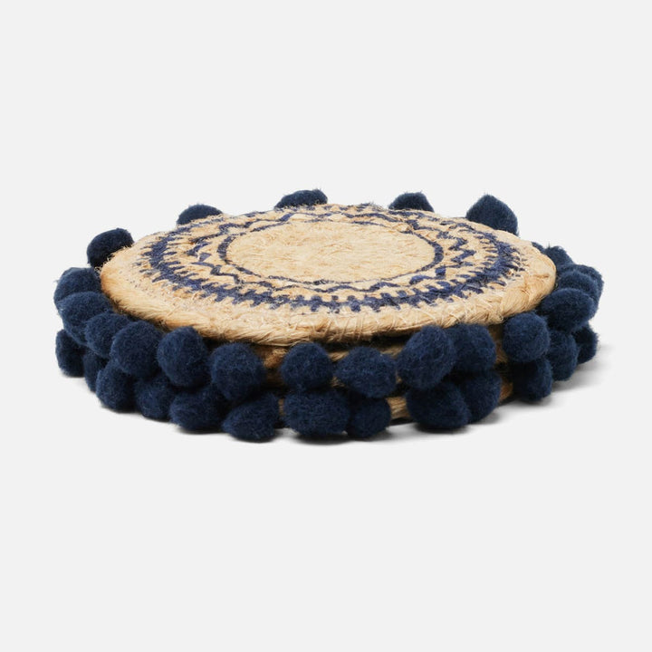 Giada Natural/Navy Pom Pom Set Of 4 Coasters Jute