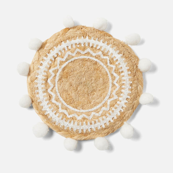 Giada Natural/White Pom Pom Set Of 4 Coasters Jute