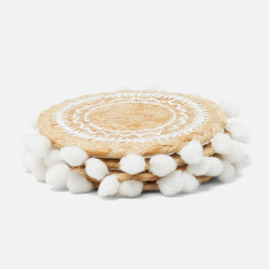 Giada Natural/White Pom Pom Set Of 4 Coasters Jute